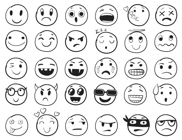 Premium vector doodle emoji set doodles image pictograms smile emotion funny faces happy fun emoticon line icons sad hand drawn neat outline isolated vector illustration