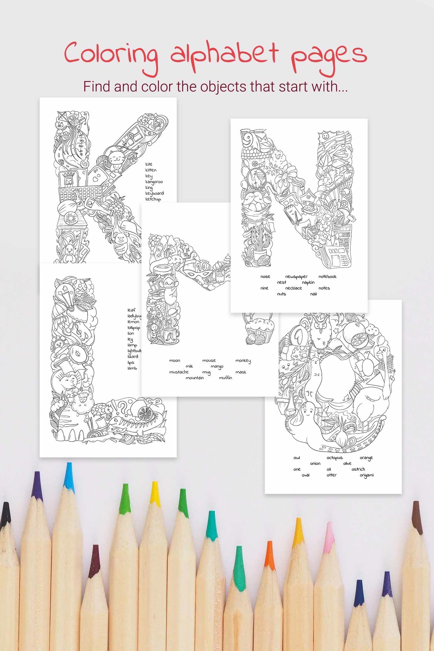 Klmno coloring pages find and seek activity for kids