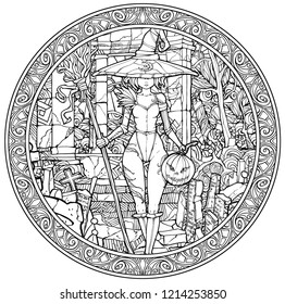Coloring page adults witch surrounded by stock vector royalty free