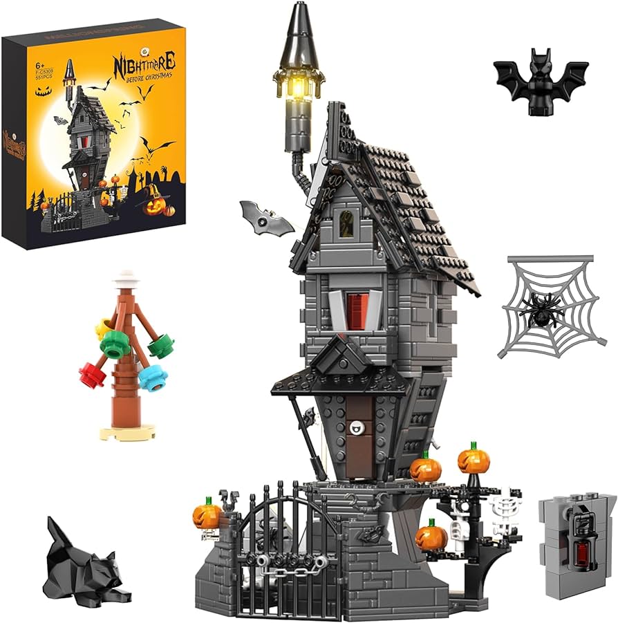 Nightmare before christmas halloween jacks and sally haunted house building set with led light patible for legocreative festival toy kit gifts for movie fans friends kidspcs toys games
