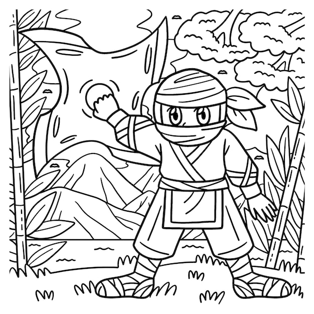 Premium vector a cute and funny coloring page of a ninja with a huge shuriken provides hours of coloring fun for children color this page is very easy suitable for little