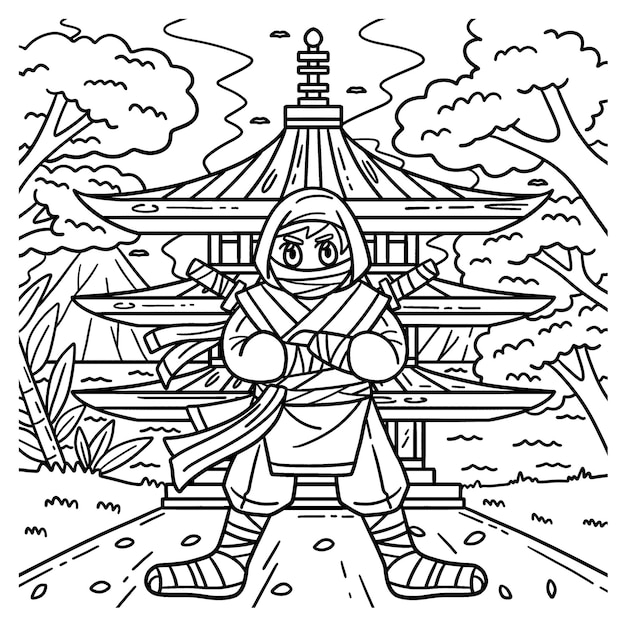 Premium vector a cute and funny coloring page of a ninja in front of pagoda provides hours of coloring fun for children color this page is very easy suitable for little