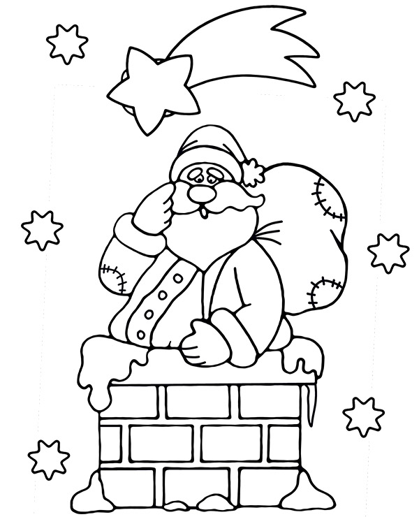 Santa in chimney coloring page for kids