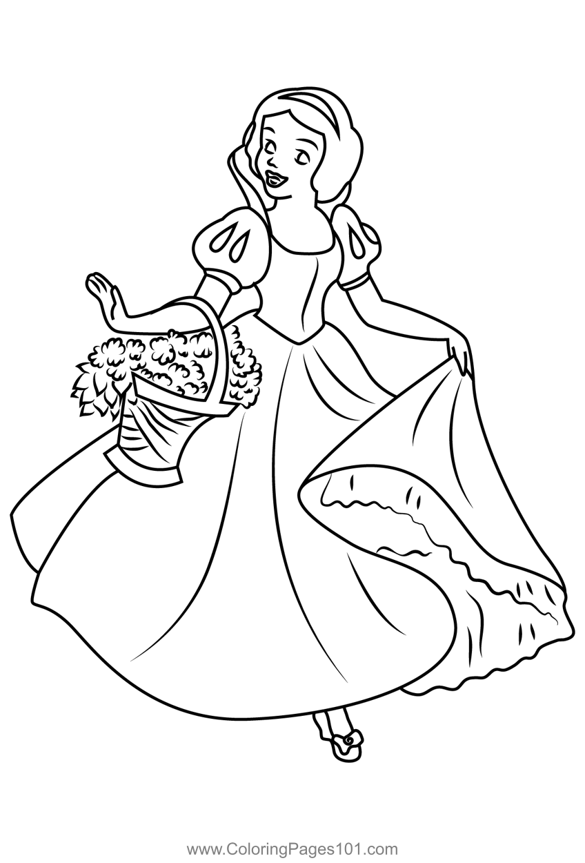 Snow white having flowers basket coloring page for kids