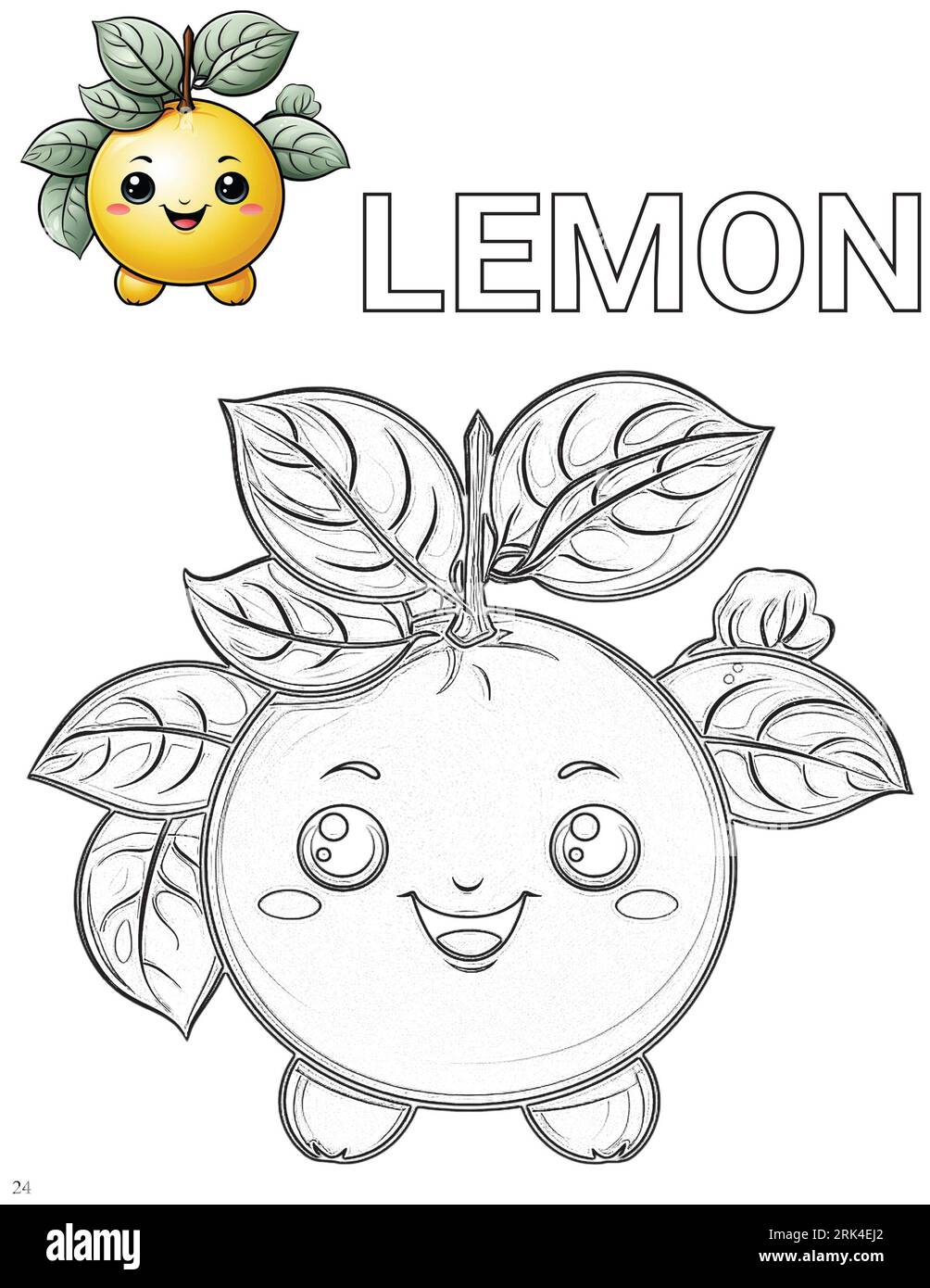 A digital blank illustration of a lemon for a coloring book with the colored image as a reference stock photo