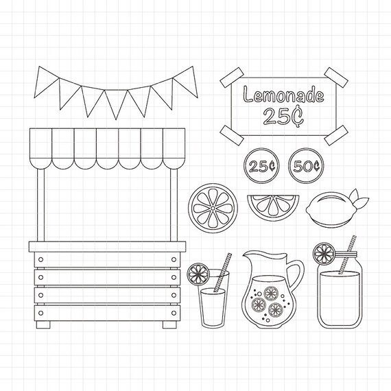 Pink lemonade stand digital stamp graphics black and white clipart coloring page scrapbooking instant download jpg png ds