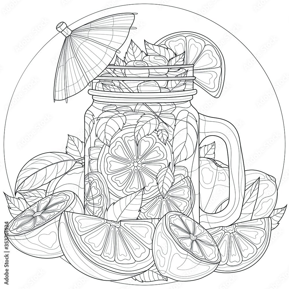 Lemonade with oranges lemon and mintsweetscoloring book antistress for children and adults illustration isolated on white backgroundzen