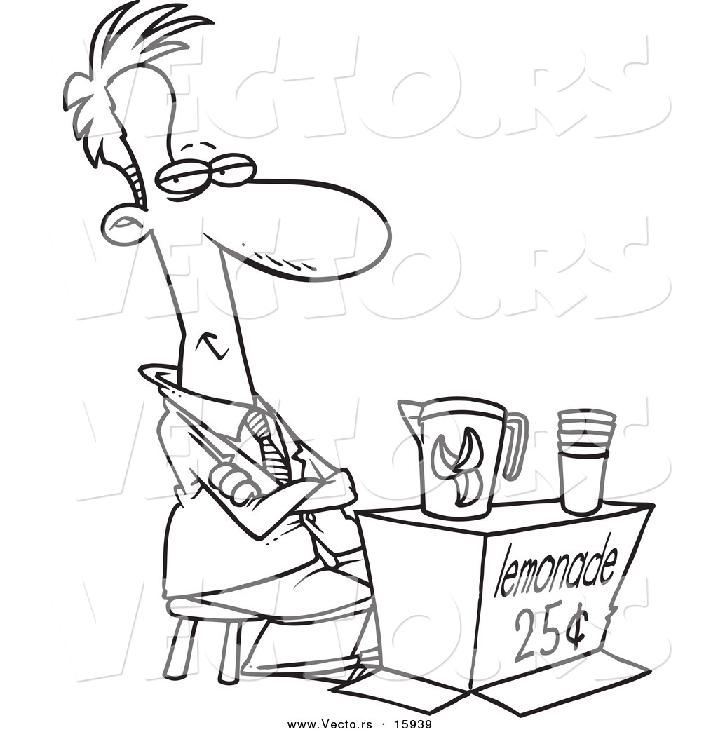 R of a cartoon businessman trying to sell lemonade
