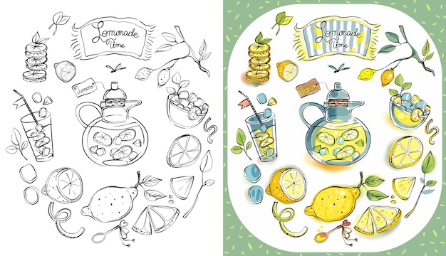 Premium vector page for coloring lemons and lemonade in watercolor style on a light or transparent background