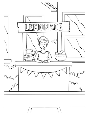 Premium vector lemonade juice vendor coloring page for kids