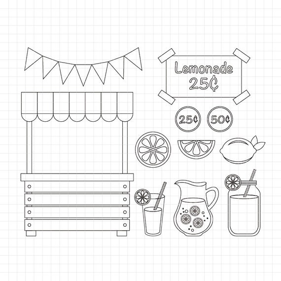 Pink lemonade stand digital stamp graphics black and white clipart coloring page scrapbooking instant download jpg png ds