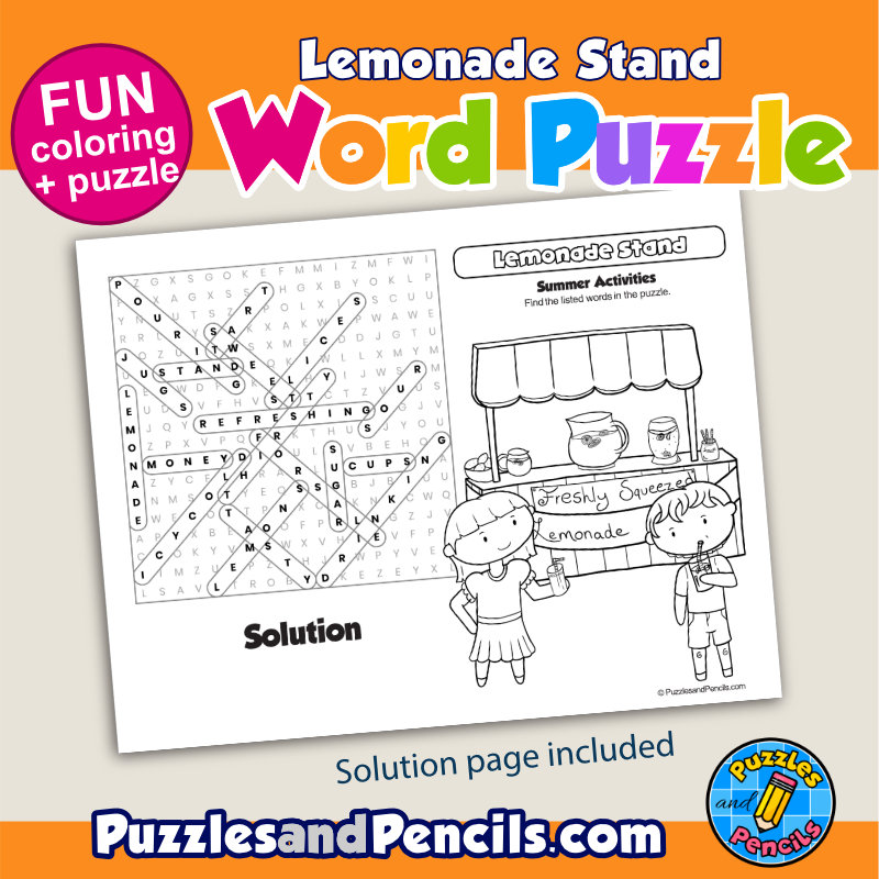 Lemonade stand word search puzzle activity page and coloring summer wordsearch made by teachers