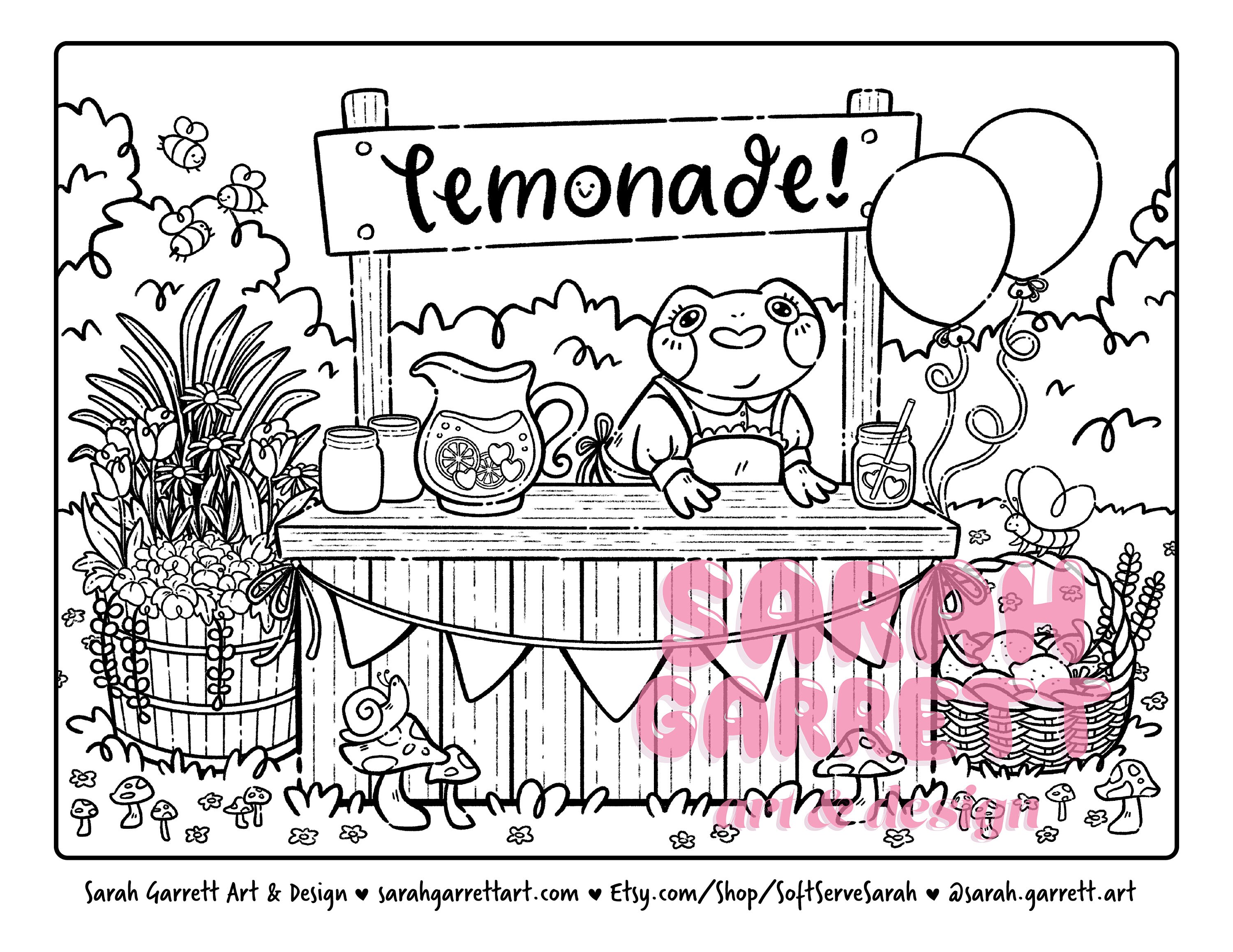 Froggy lemonade stand coloring page digital download printable cottagecore kawaii relaxing frog springsummer cute
