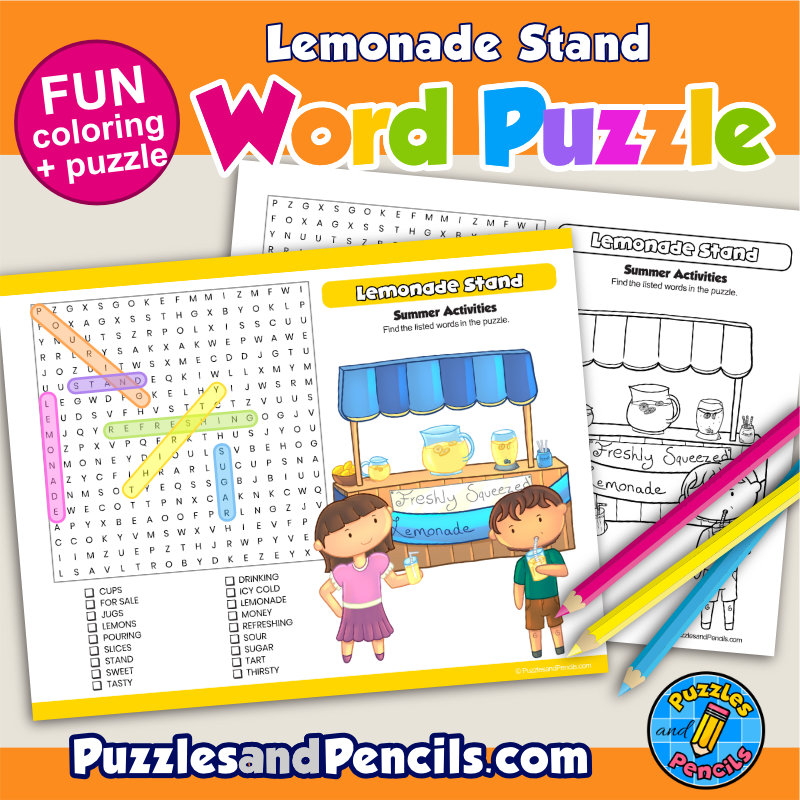Lemonade stand word search puzzle activity page and coloring summer wordsearch made by teachers