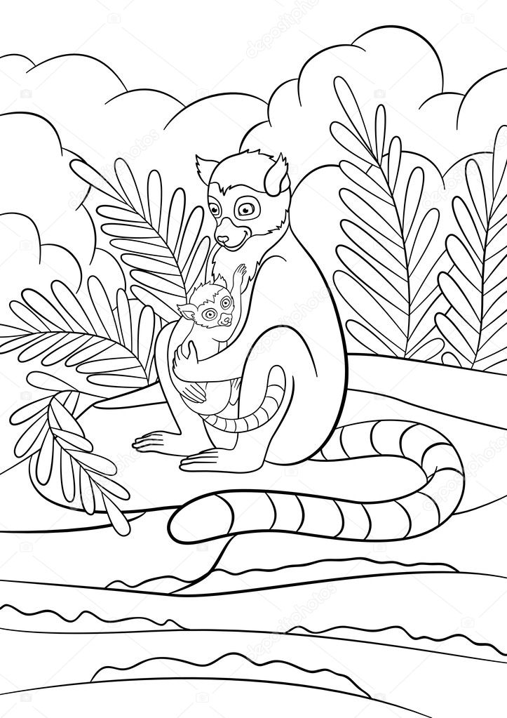 Coloring pages mother lemur with her little cute baby stock vector by ya