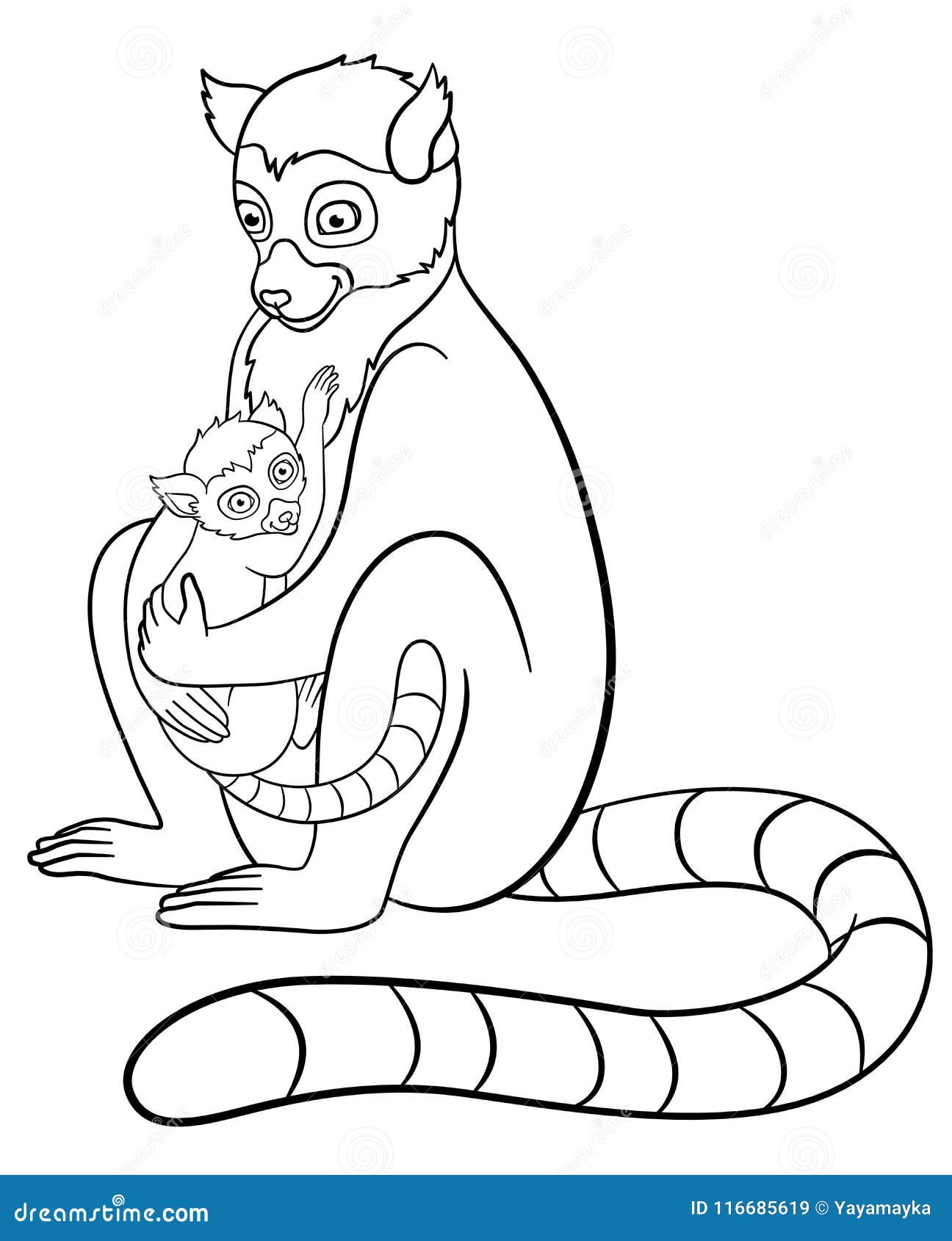 Coloring pages mother lemur with her little cute baby stock vector