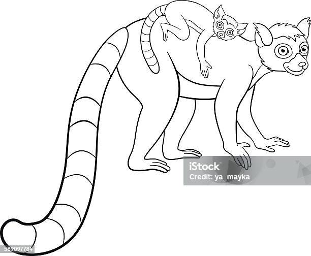 Coloring pages mother lemur with her little cute baby stock illustration