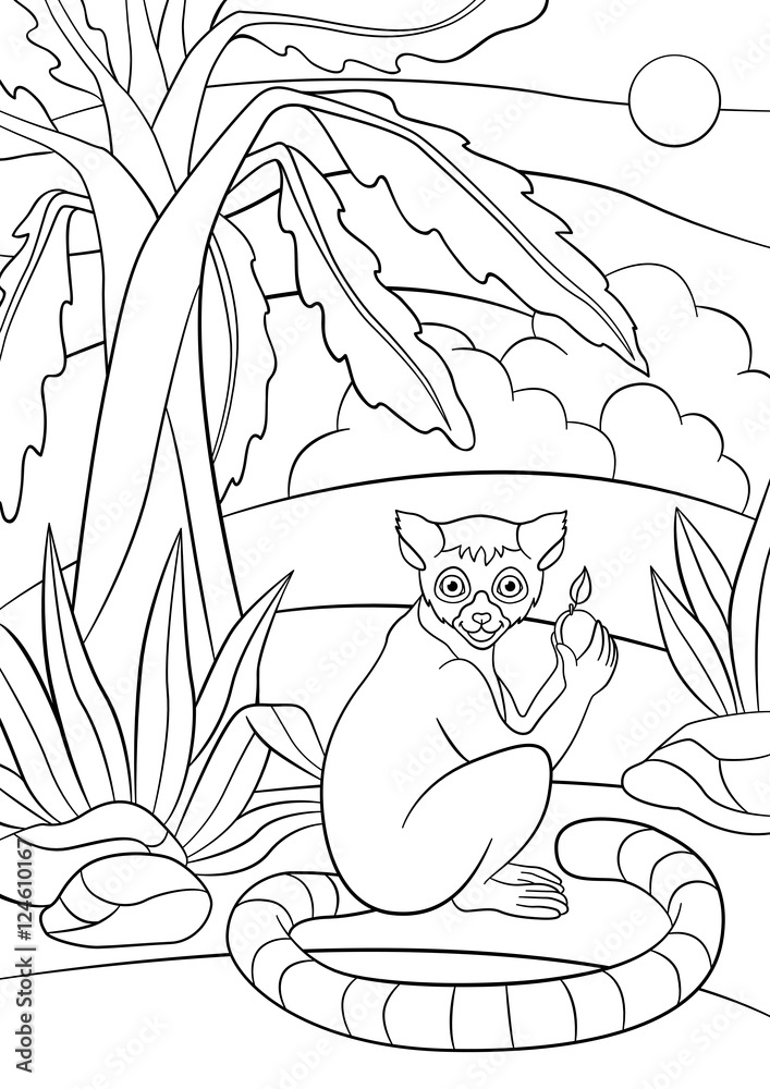 Coloring pages little cute lemur with fruit vector