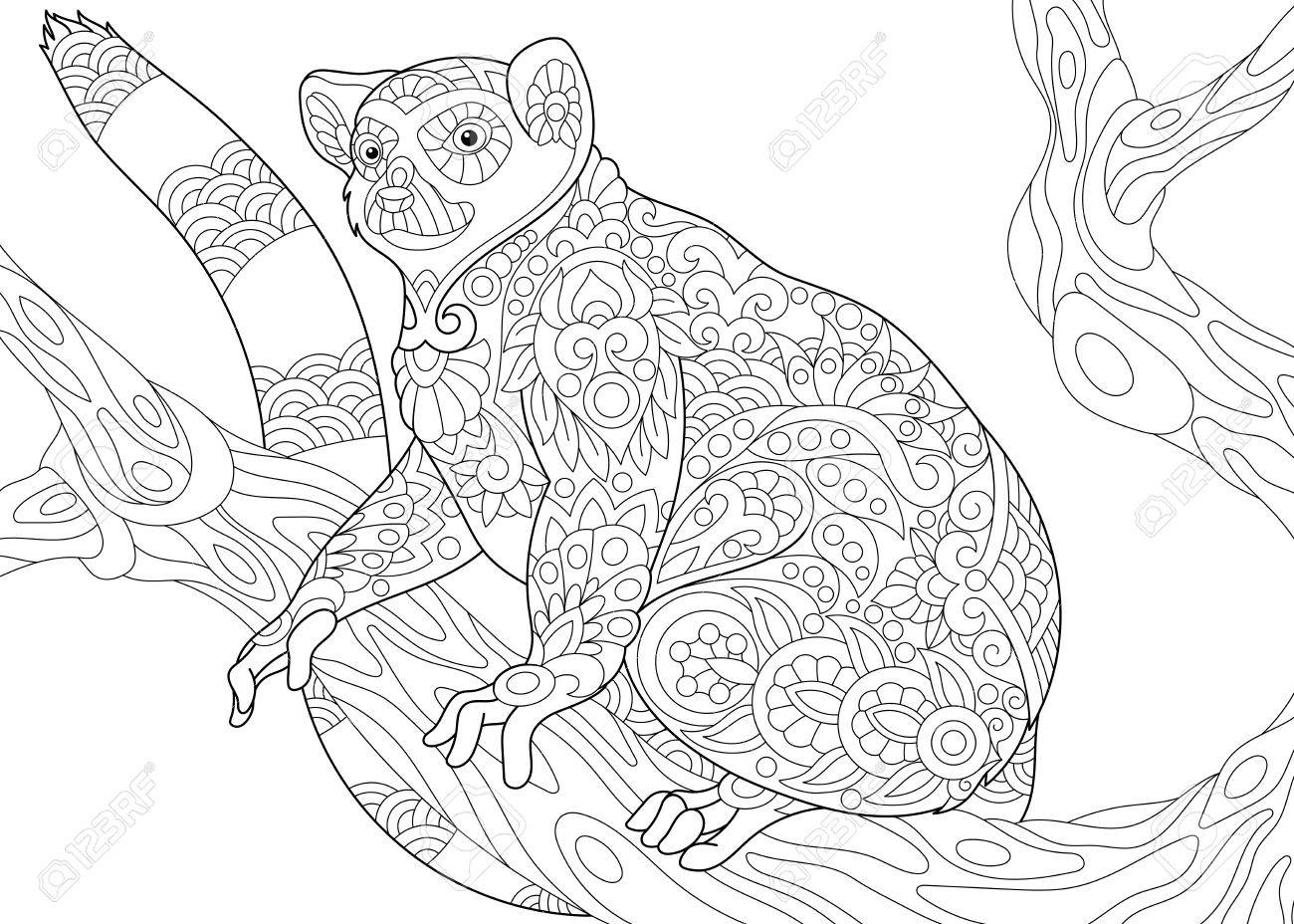 Stylized wild lemur madagascar mammal animal freehand sketch for adult anti stress coloring book page with doodle and zentangle elements royalty free svg cliparts vectors and stock illustration image