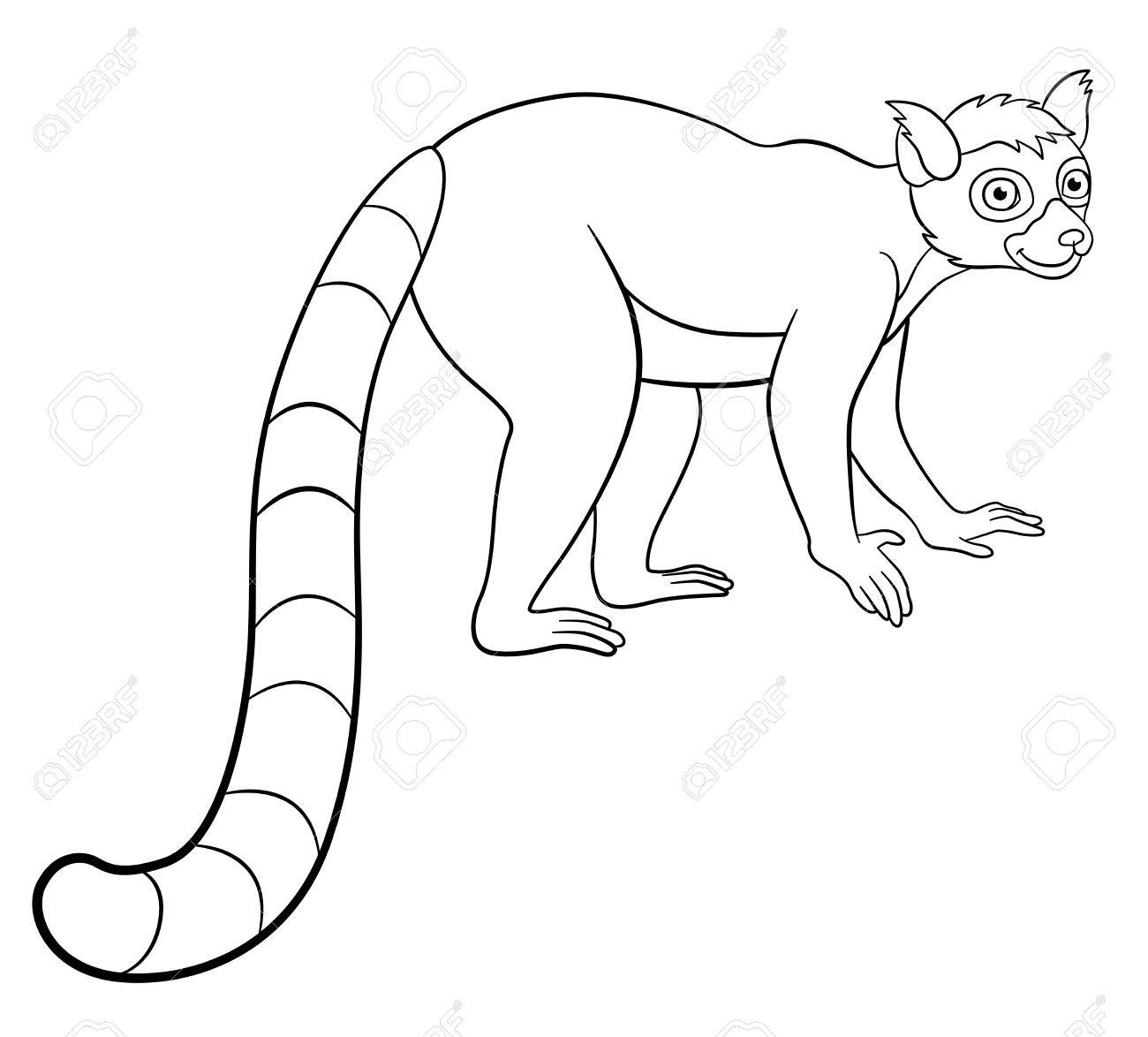 Coloring pages little cute lemur stands and smiles royalty free svg cliparts vectors and stock illustration image