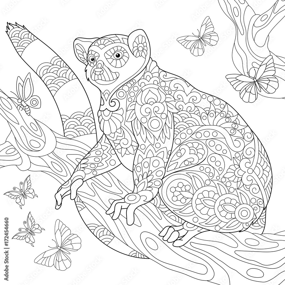 Coloring page of madagascar lemur surrounded by butterflies freehand sketch drawing for adult antistress coloring book in zentangle style vector
