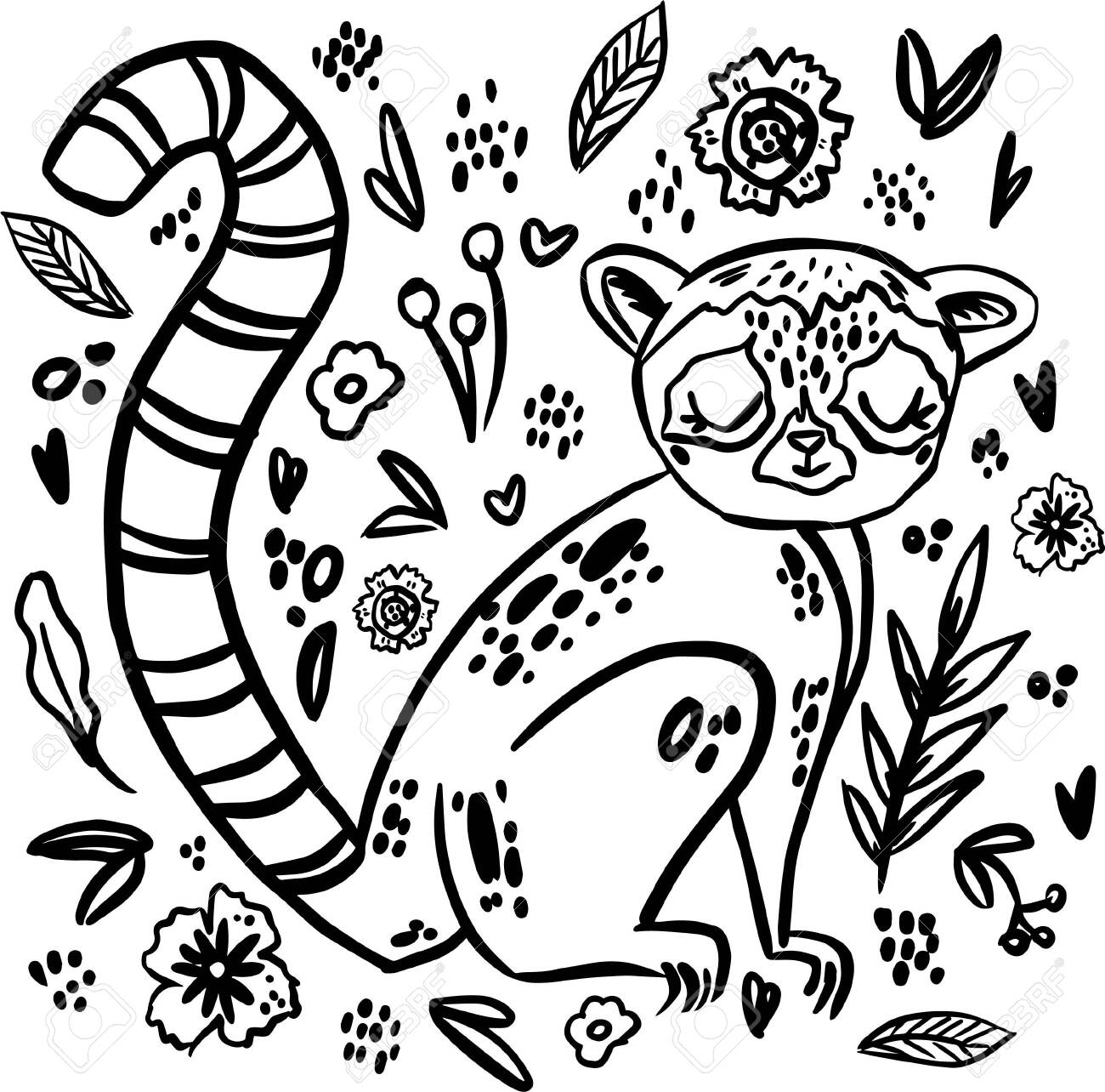 Coloring page of madagascar lemur surrounded by butterflies freehand sketch drawing for adult antistress coloring book royalty free svg cliparts vectors and stock illustration image