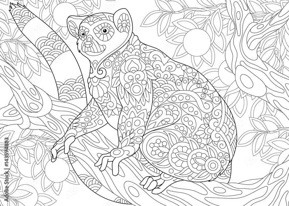 Stylized wild lemur madagascar mammal animal freehand sketch for adult anti stress coloring book page with doodle and zentangle elements vector