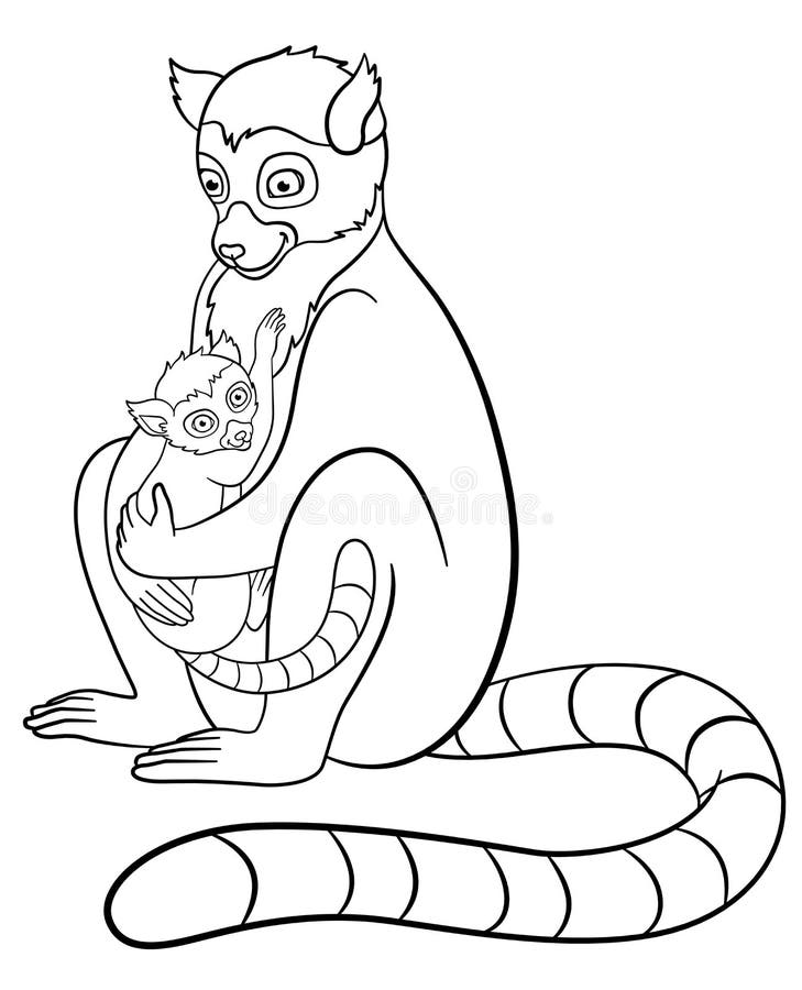 Coloring pages mother lemur with her little cute baby stock vector