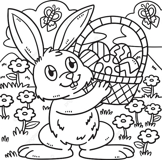 Coloring page with a basket of easter eggs and a cute bunny vector coloring book lent outline png and vector with transparent background for free download