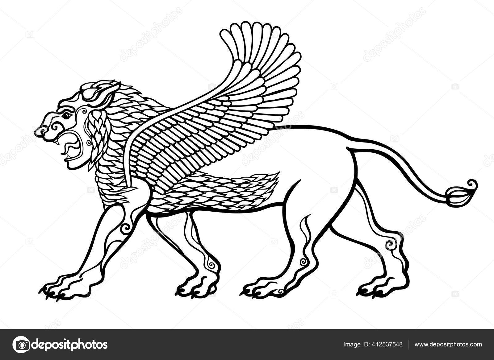 Cartoon drawing winged lion character assyrian mythology inglãs ilustraciãn vectorial vector de stock de roomyana