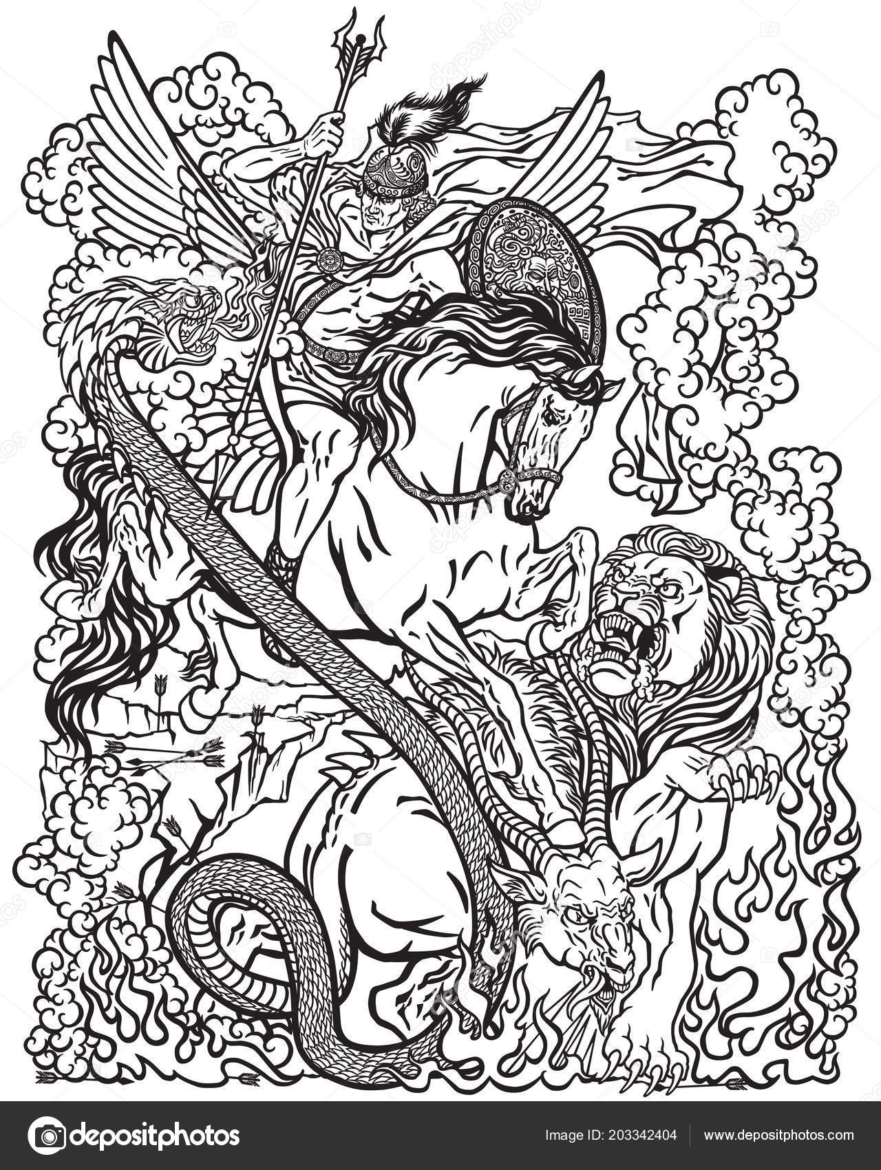 Hãroe mitolãgico bellerophon bellerophontes montar caballo alado divino pegasus matar vector de stock por insima