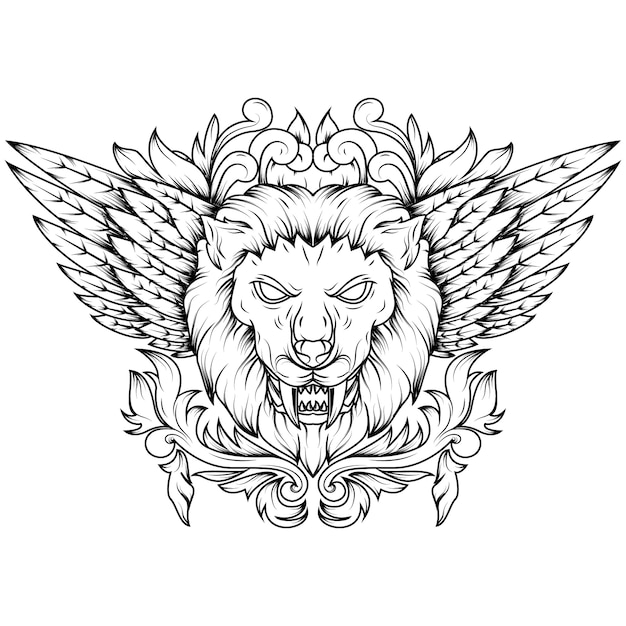 Lãnea arte ilustraciãn de una cabeza de leãn mãtico alado de oro vector premium