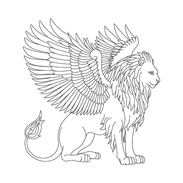 Un dibujo de un leãn con alas y cola vector premium