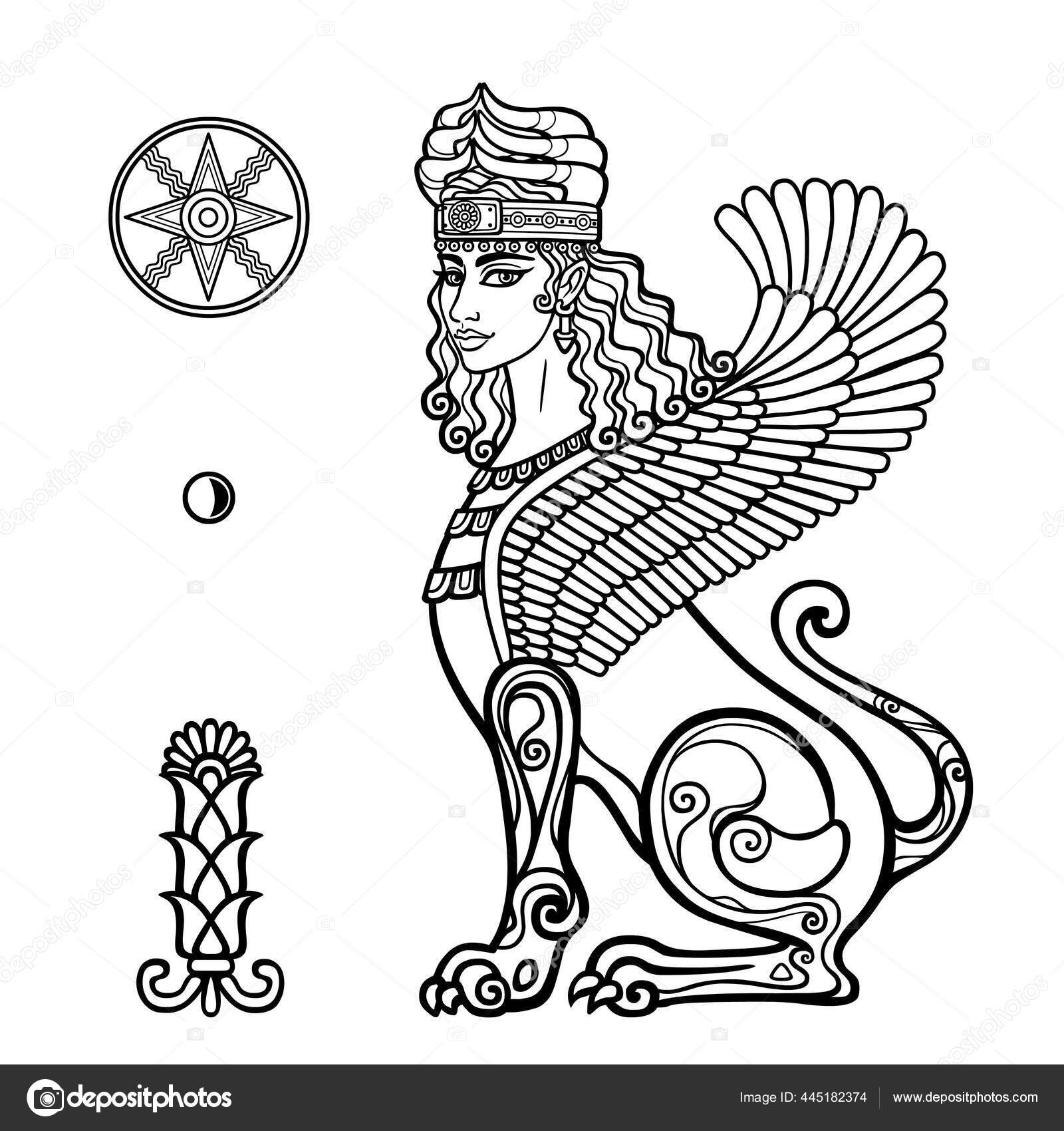 Dibujo animaciãn mujer esfinge con cuerpo leãn alas personaje mitologãa vector de stock por roomyana