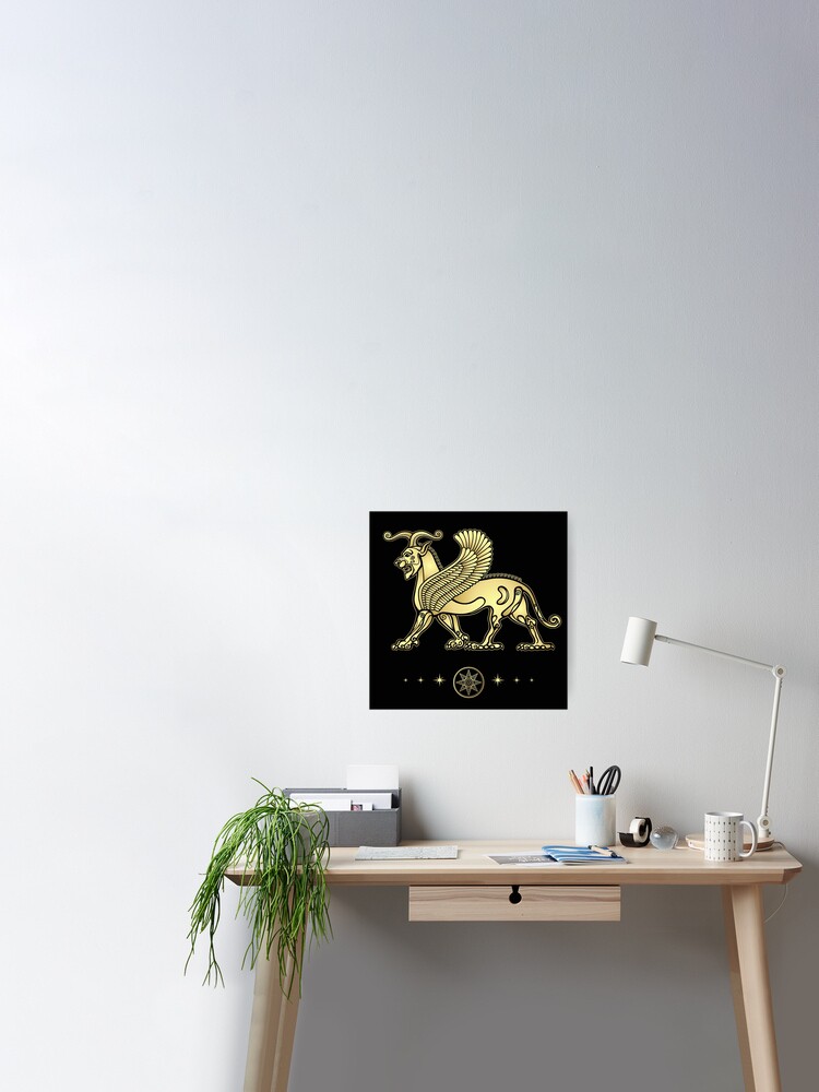 Pãster for sale con la obra dibujo de animaciãn esfinge leãn cornudo con alas personaje de la mitologãa asiria sãmbolos sumerios imitaciãn de oro de yanazvereva