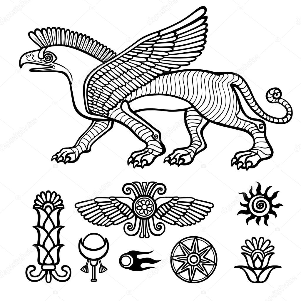 Imagen de animal asirio alado leãn de cuernos carãcter de la mitologãa sumeria conjunto de sãmbolos solares dibujo lineal aislado sobre fondo blanco ilustraciãn vectorial se utilizarã para colorear libro vector