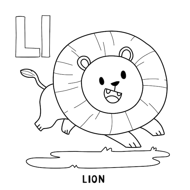 Leãn animal del alfabeto para colorear con dibujos animados de animal de letras dibujadas a mano de palabra vector premium