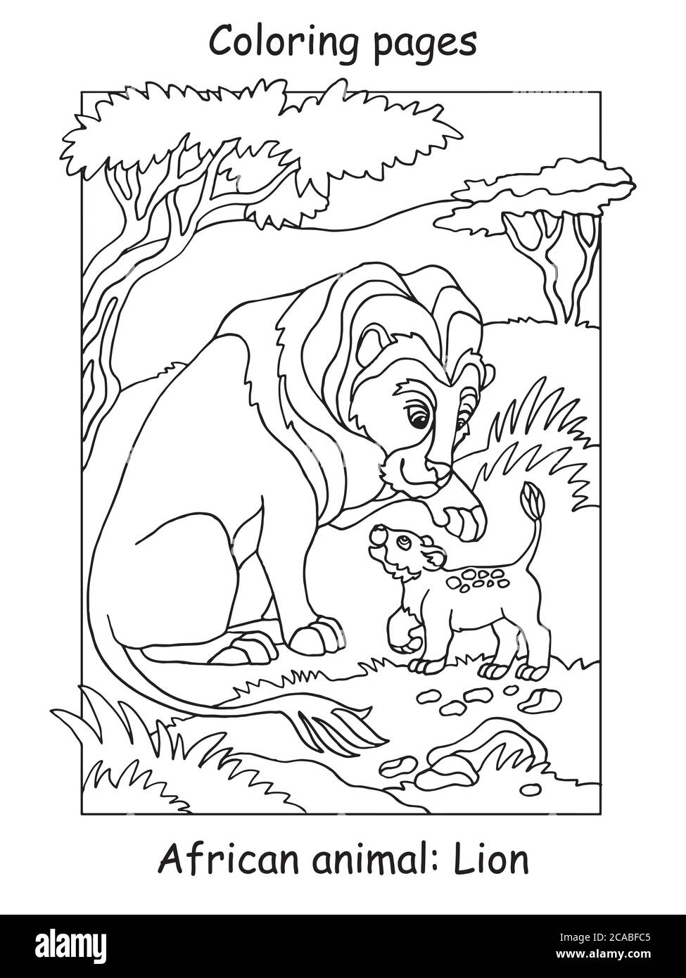 Vector colorear pãginas con la familia del leãn lindo en el ãrea africana ilustraciãn de contorno de dibujos animados aislada sobre fondo blanco ilustraciãn de stock para colorina imagen vector de stock