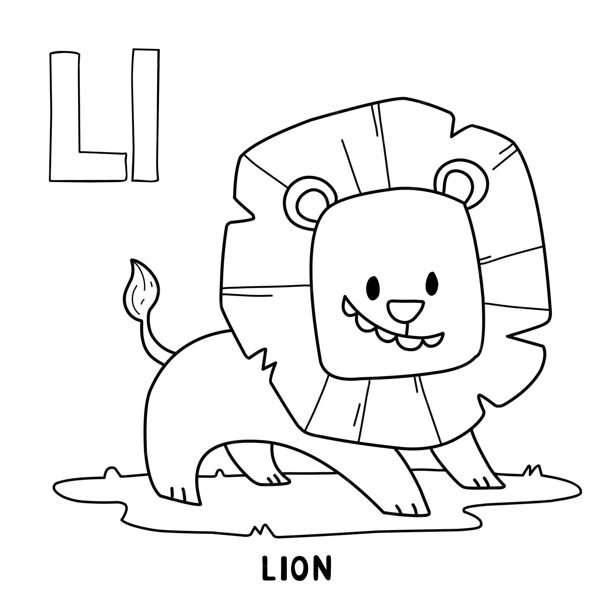 Leãn animal del alfabeto para colorear con dibujos animados de animal de letras dibujadas a mano de palabra vector premium