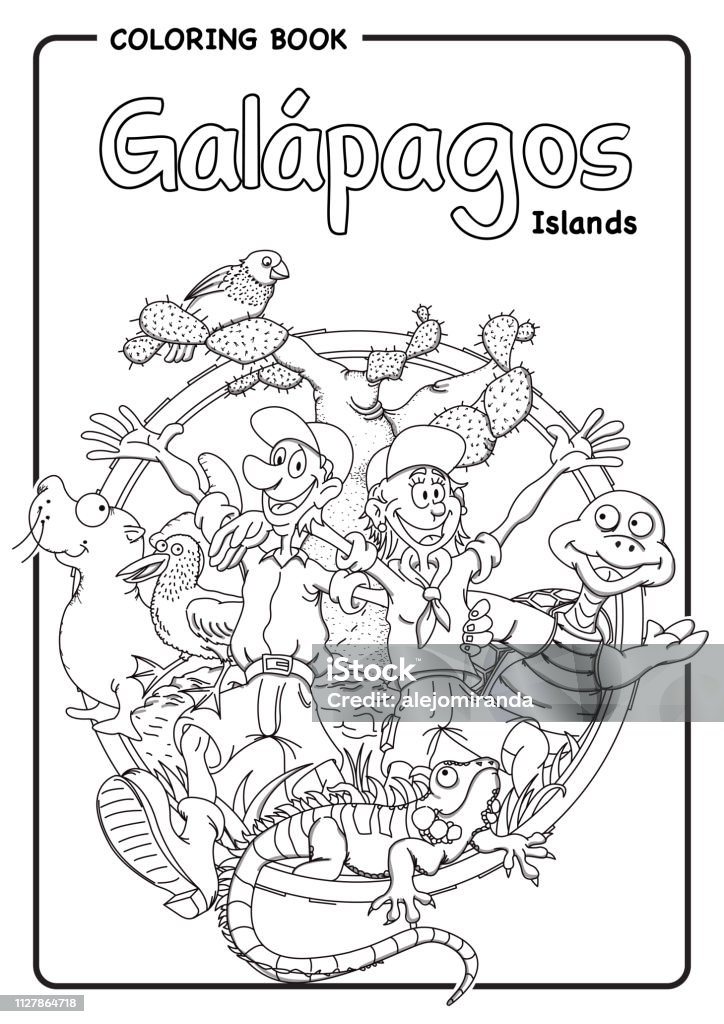 Drawing of a couple with animals from the galapagos islands turtle iguana sea lion stock illustration