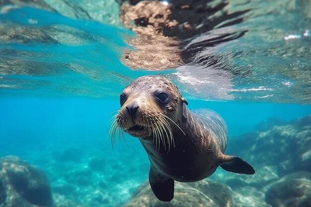 Un leãn marino nada bajo el agua en las islas galãpagos foto premium