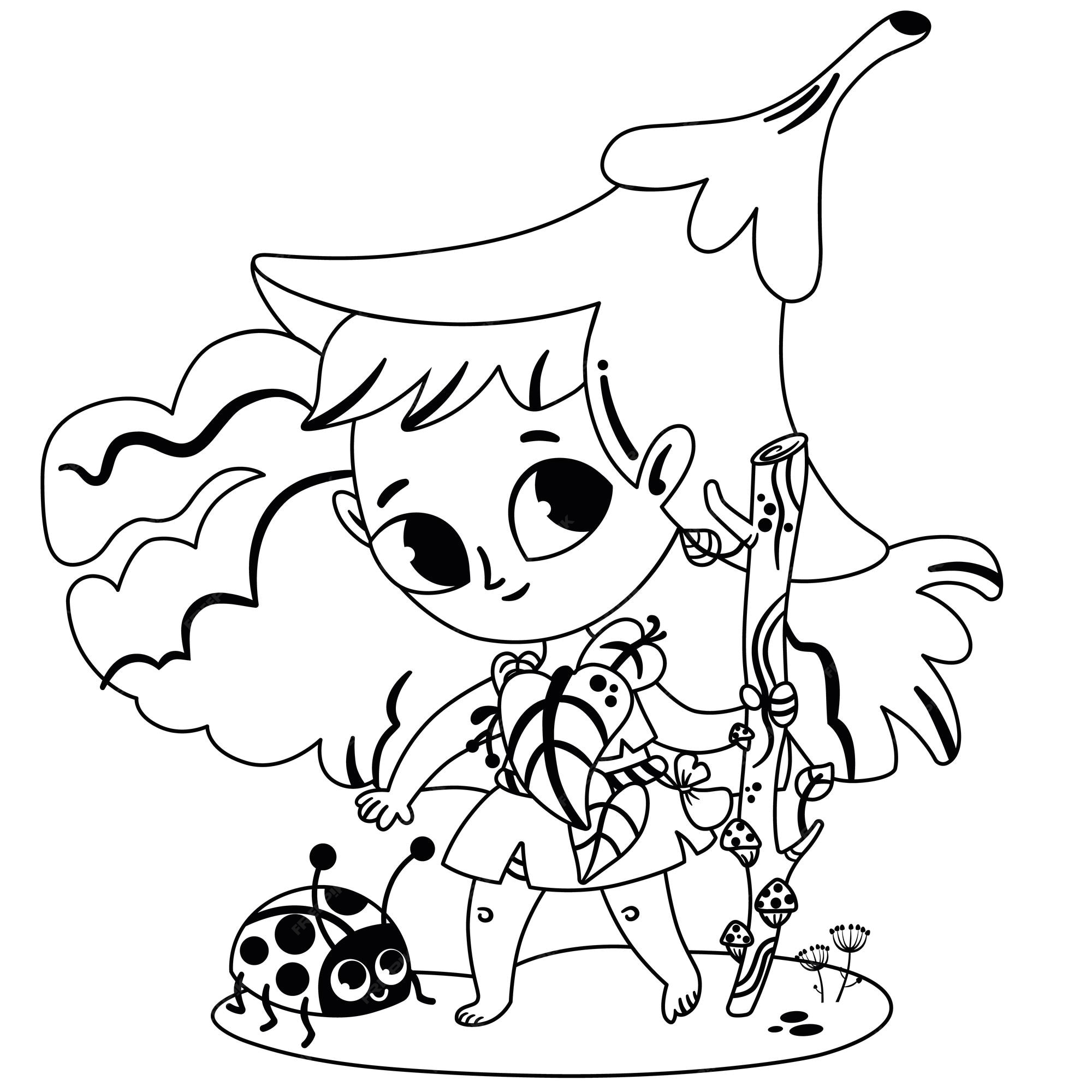 Premium vector the cute forest fairy is traveling with her best friend black and white vector illustration