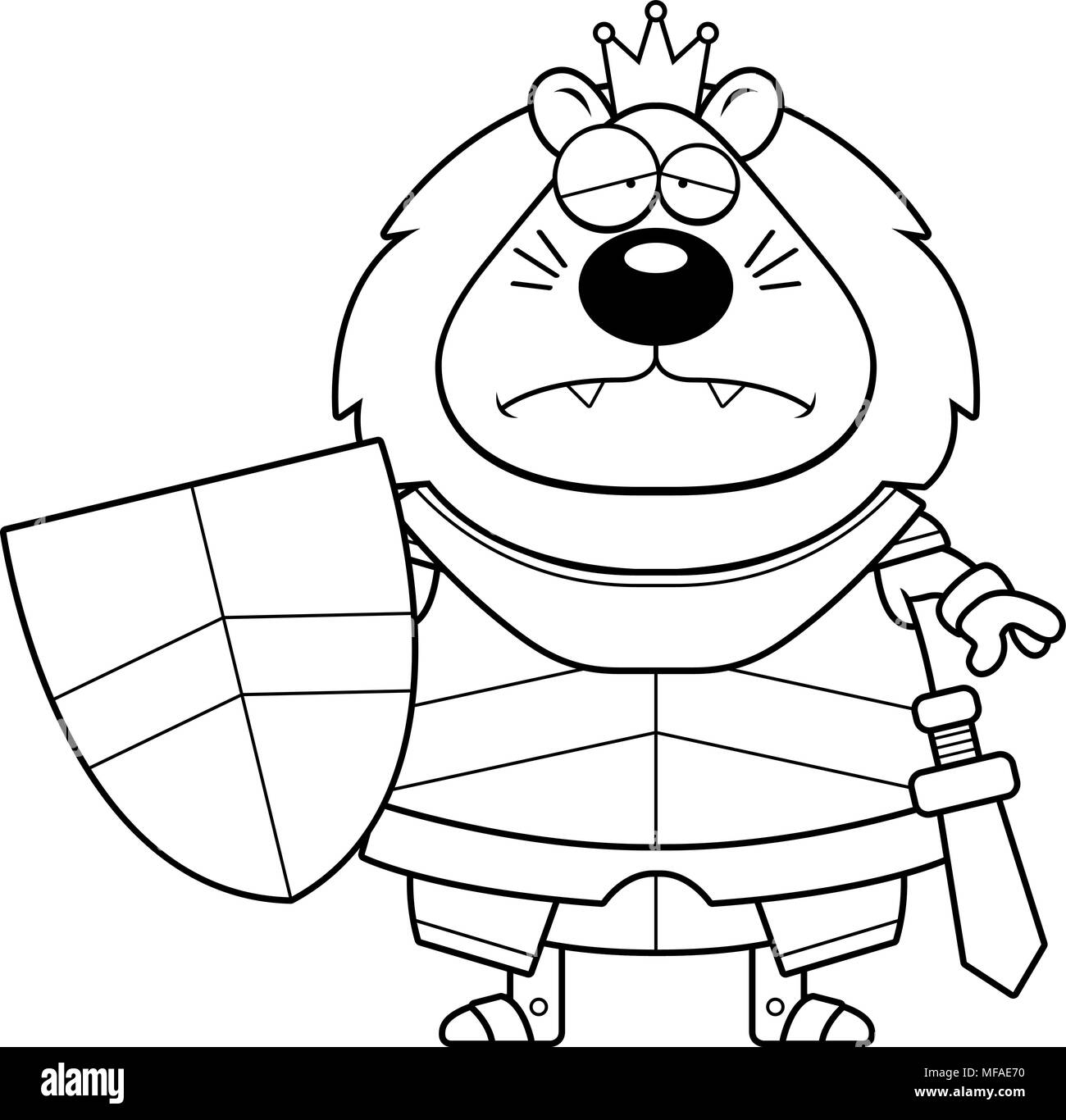 Una caricatura de la ilustraciãn de un rey leãn en la armadura buscando triste imagen vector de stock