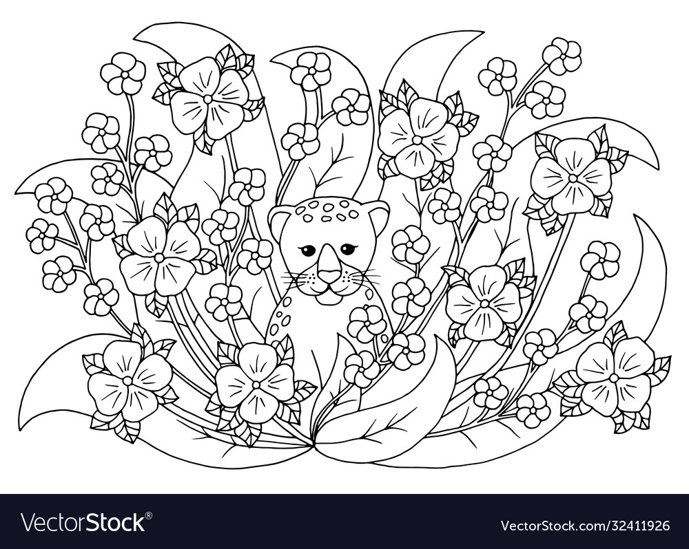 Coloring page with flowers and cute leopard cub vector image