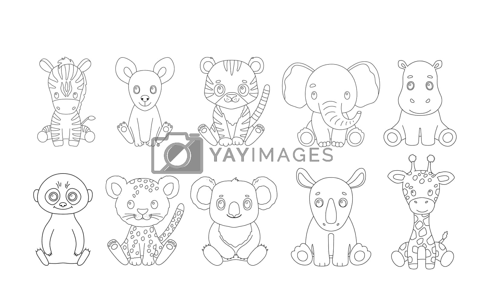 Cute animals in outline style for coloring book vector baby zebra tiger and leopard isolated on white by elenaplatova vectors illustrations with unlimited downloads
