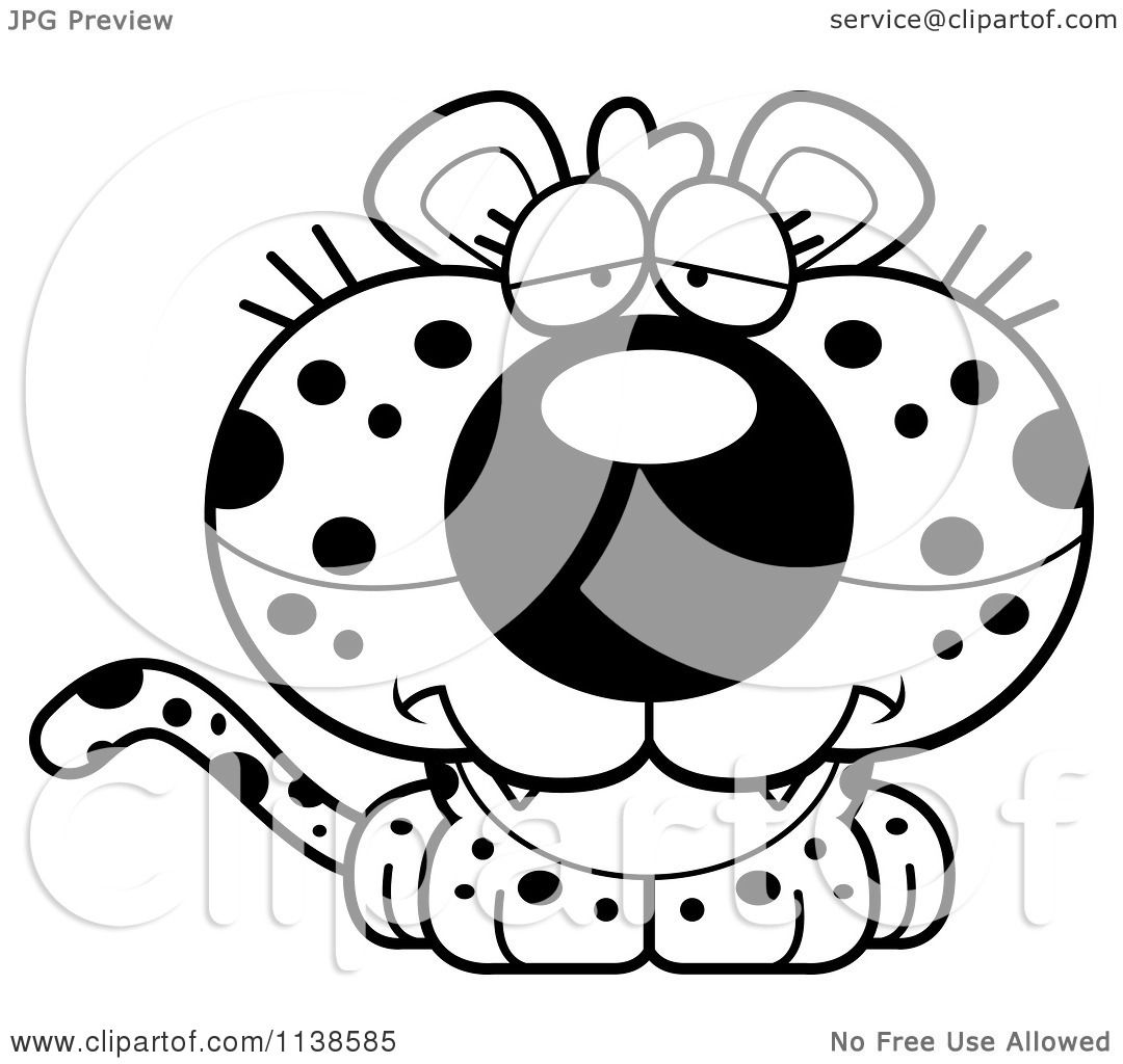 Cartoon clipart of an outlined cute depressed leopard cub