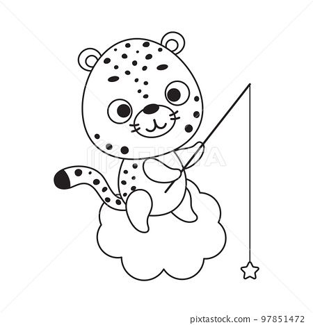 Coloring page cute little cheetah fishing star
