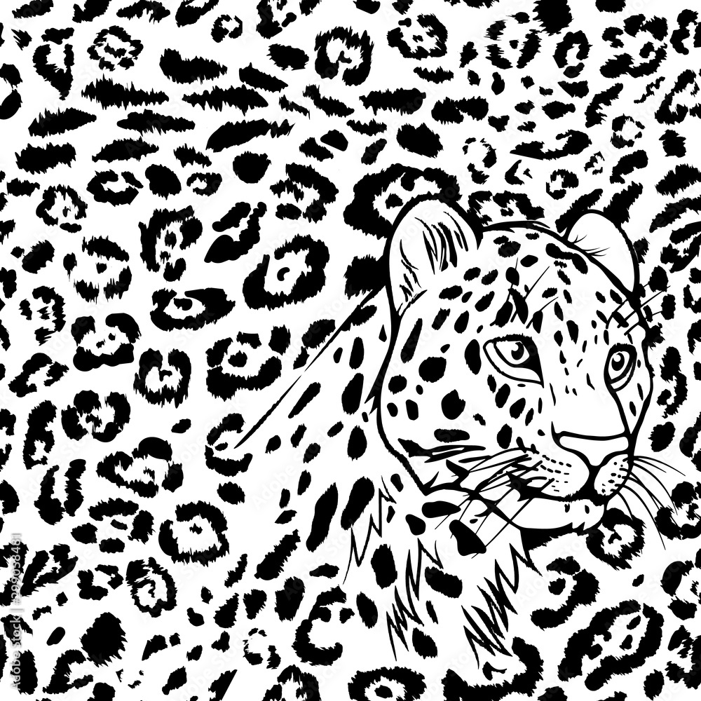 Safari grunge background with leopard spots and leopard face black white vector animal skins seamless pattern for printing onto fabric wallpaper textile paper fashionable fashionable textile vector