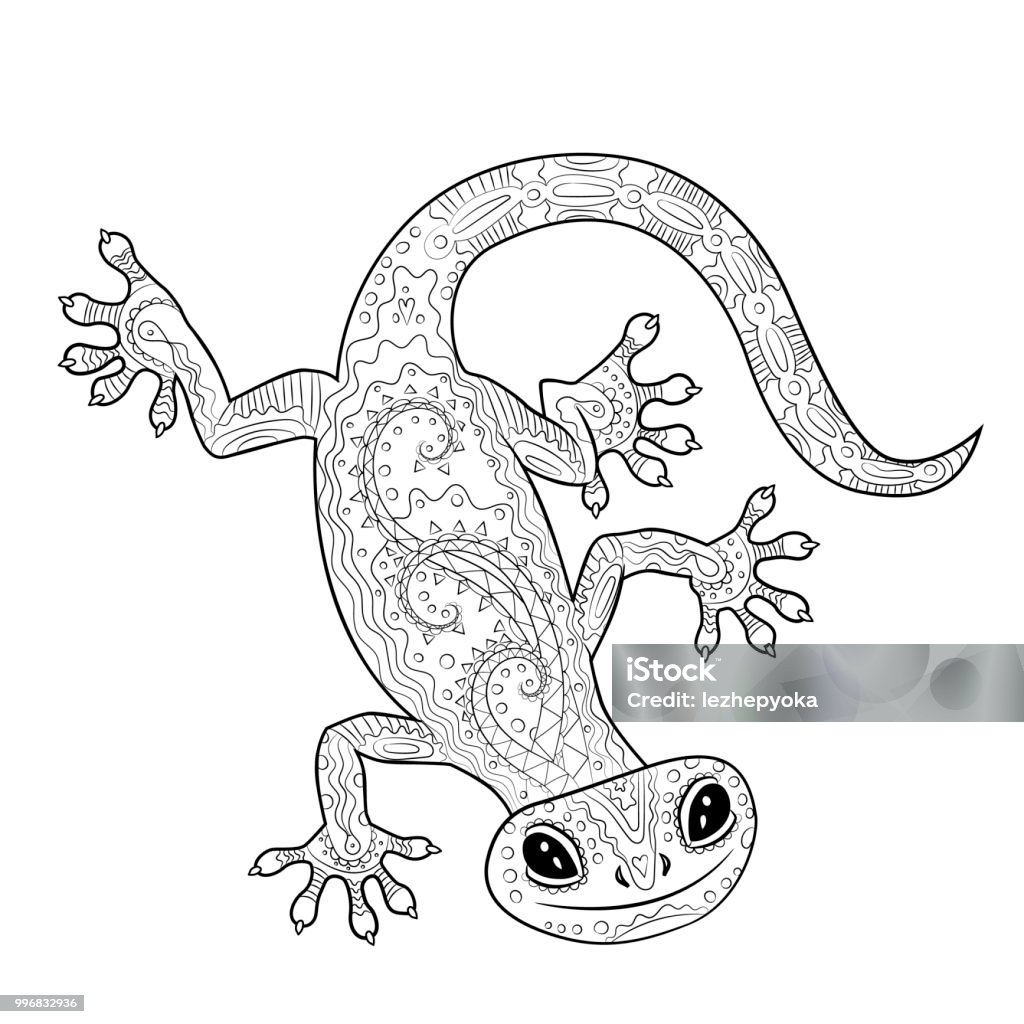 Coloring page with gecko in patterned style stock illustration