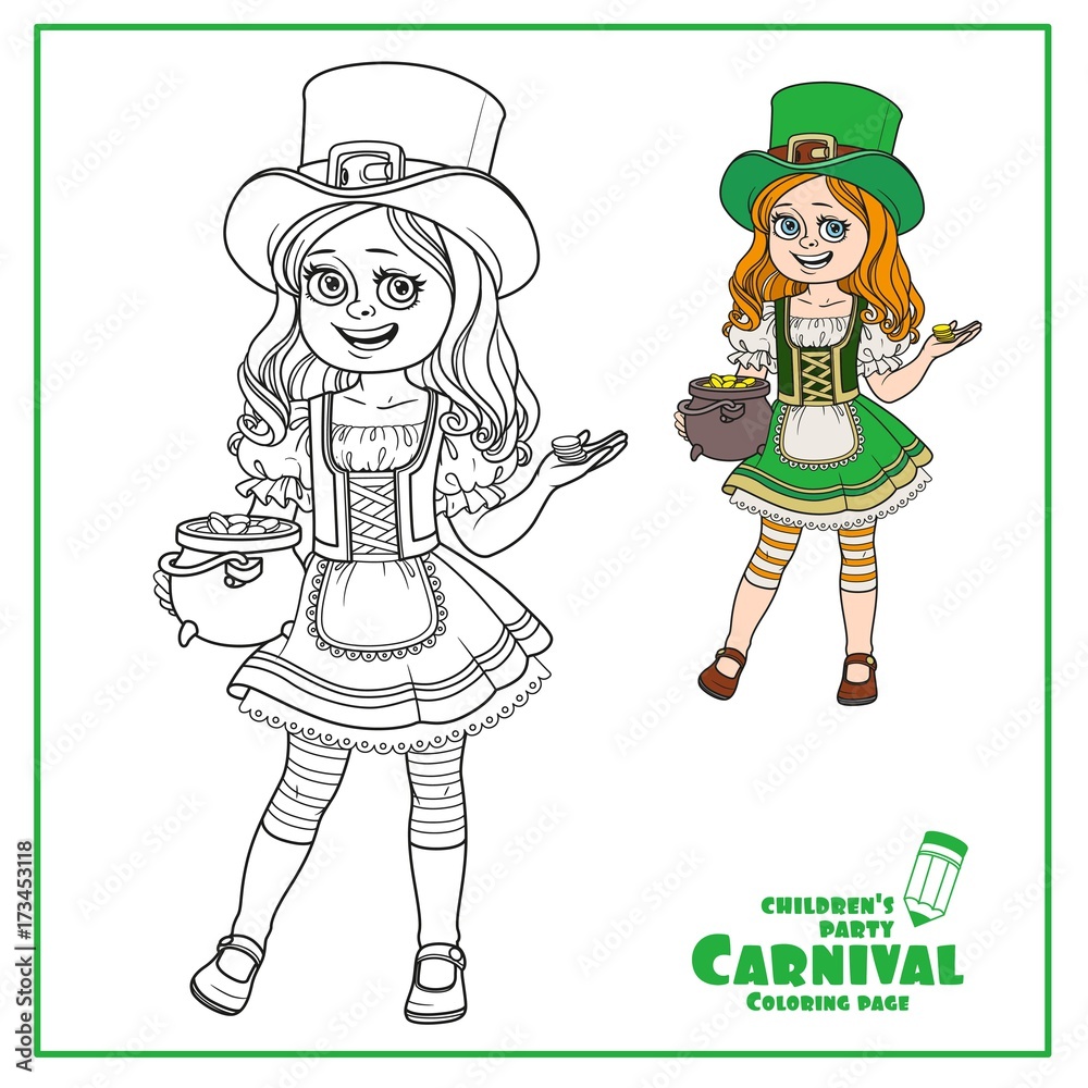 Cute girl in leprechaun costume with a pot of gold color and outlined for coloring page vector